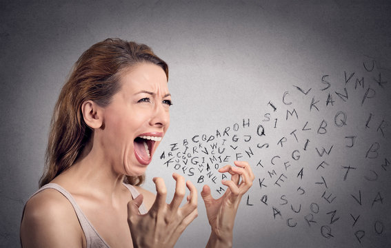 angry woman screaming, alphabet letters coming out of mouth