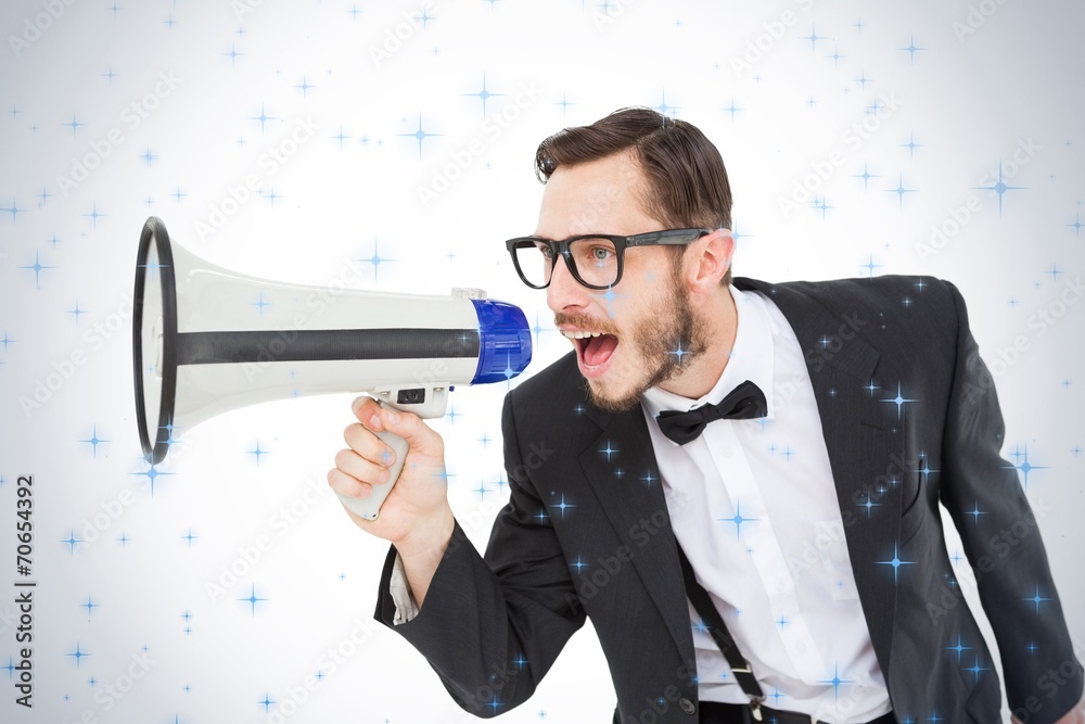 Aufkleber geeky businessman shouting through megaphone