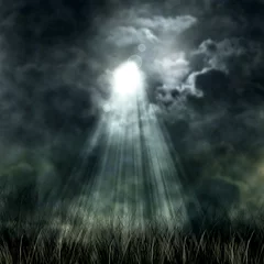 Deurstickers Mystical moonlight flowing from the dark sky to the ground © Loraliu