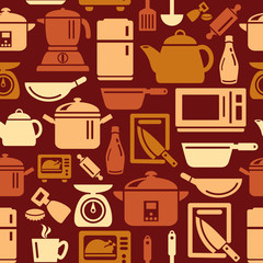 Kitchen Utensils and Appliances Icons in Seamless Background