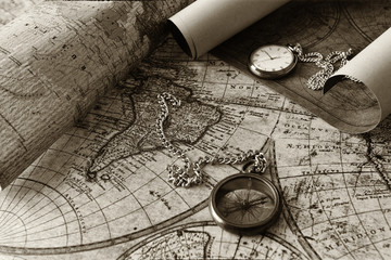 Fototapeta na wymiar compass on old map