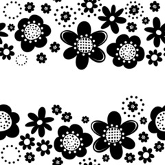 czarne kwiaty i kropki poziomy border na białym tle - obrazy, fototapety, plakaty