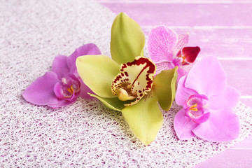 Tropical orchid flowers on color wooden background