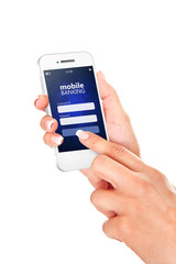 mobile phone with mobile banking log in page holded by hand isol