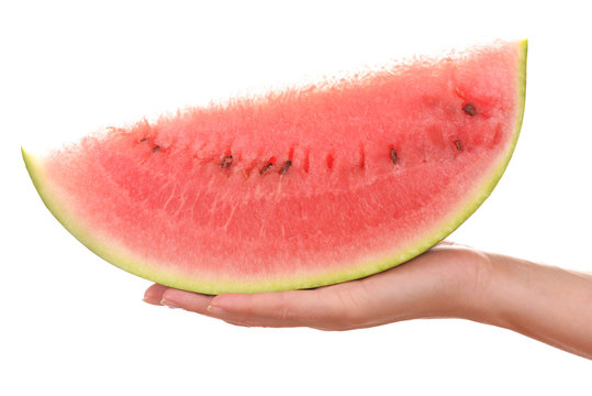 Woman holding slices of watermelon isolated on white