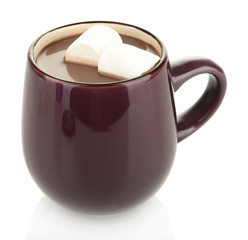 Hot chocolate with marshmallows in mug, isolated on white