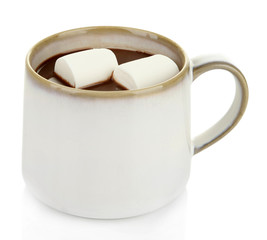 Hot chocolate with marshmallows in mug, isolated on white