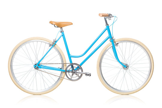 Stylish womens blue bicycle isolated on white