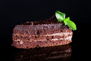 Piece of chocolate cake with mint leaves