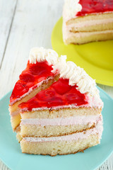 Strawberry cake on table close-up
