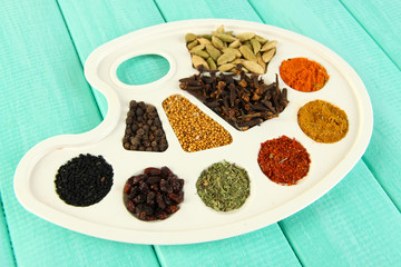 Painting palette with various spices and herbs,