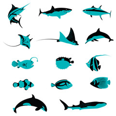 Naklejka premium Set of Fish Underwater Aquatic Shell Animals and Creatures icons