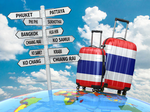 Travel concept. Suitcases and signpost what to visit in Thailand
