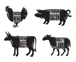 monochrome illustration of four farm animals