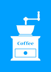 White coffee grinder on blue background