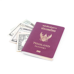 Thailand passport and Dollar USA on white background.