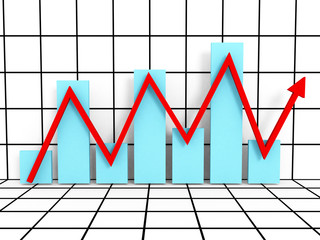 financial bar chart diagram with red arrow on white background
