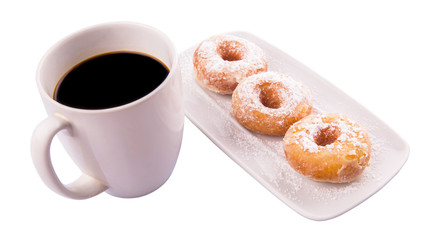 A mug of coffee and homemade doughnut with sugar toppings 