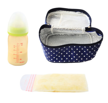 frozen breastmilk, cooling bag, and milk in bottle