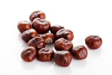 Chestnut on white background. ripe chestnuts