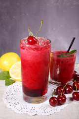 Fresh cold cherry cocktail with mint and lemon