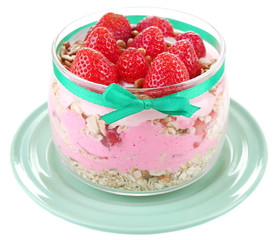 Healthy breakfast - yogurt with  strawberries and muesli served
