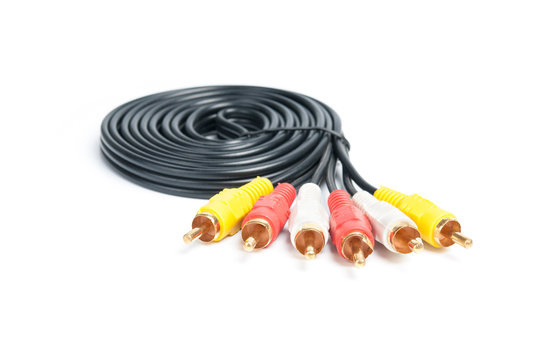Audio-video analog cable on white background.