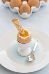 Soft boiled egg in eggcup with toast on table