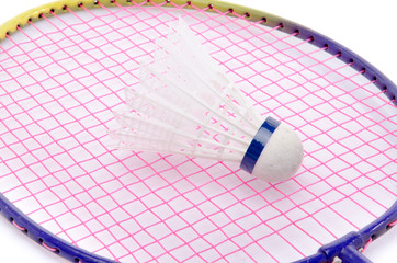 Badminton racket and shuttlecock closeup