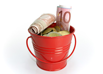 Red bucket with money