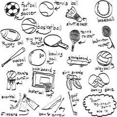Doodle sport equipment. Vector illustration. Sketchy illustratio