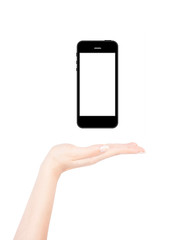 Female hand presents smart phone