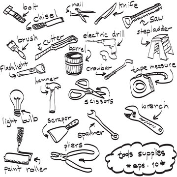 vector hand drawn set of tools supplies, doodles