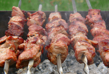 Fresh juicy shashlik on the grill. 