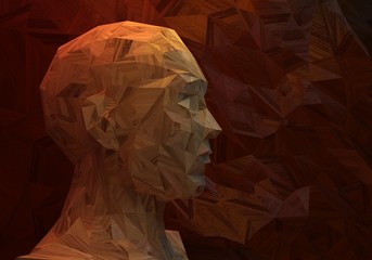 3D stylized man head, low poly, made of wood