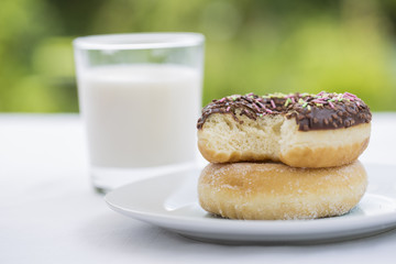 Donuts and Glass of milk in garden for breakfast