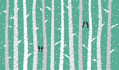 Vector Birch or Aspen Trees with Snow and Love Birds 