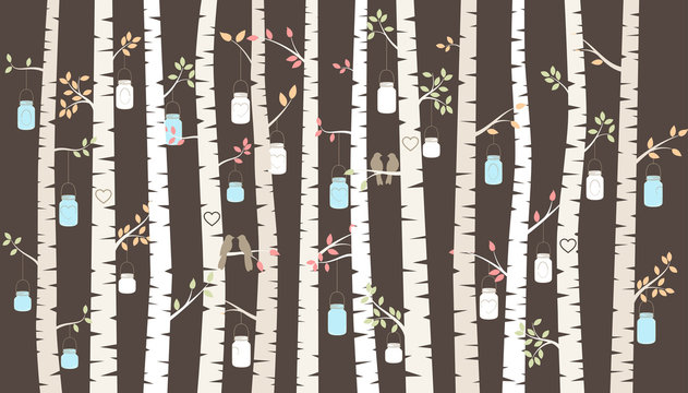 Vector Birch or Aspen Trees with Hanging Mason Jars and Love Bir © pinkpueblo