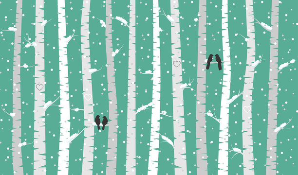 Vector Birch or Aspen Trees with Snow and Love Birds 