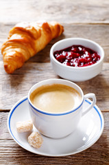 fresh Breakfast with croissant, espresso and jam