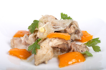 Chicken stew with sweet pepper isolated on white background. Sha