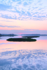 panorama of the morning mist on the lake in the woods