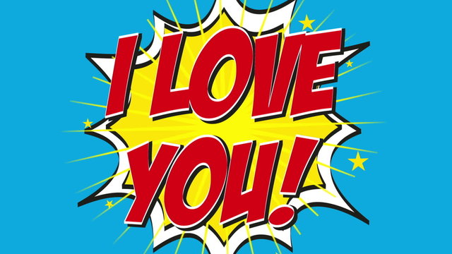 i love you animation on blue background, pop art style