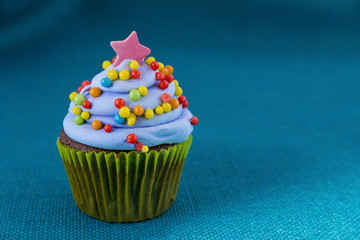 cupcake with blueberry frosting and colorful sprinkles