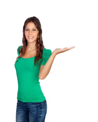 Fototapeta premium Attractive casual girl in green with the hand extended