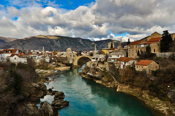 Mostar Old Town View with Rebuilt Old Bridge