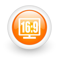 16 9 display orange glossy web icon on white background.