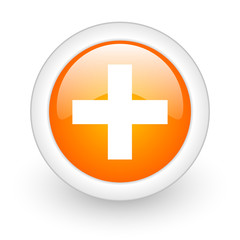 plus orange glossy web icon on white background.