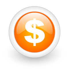 dollar orange glossy web icon on white background.