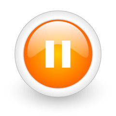 pause orange glossy web icon on white background